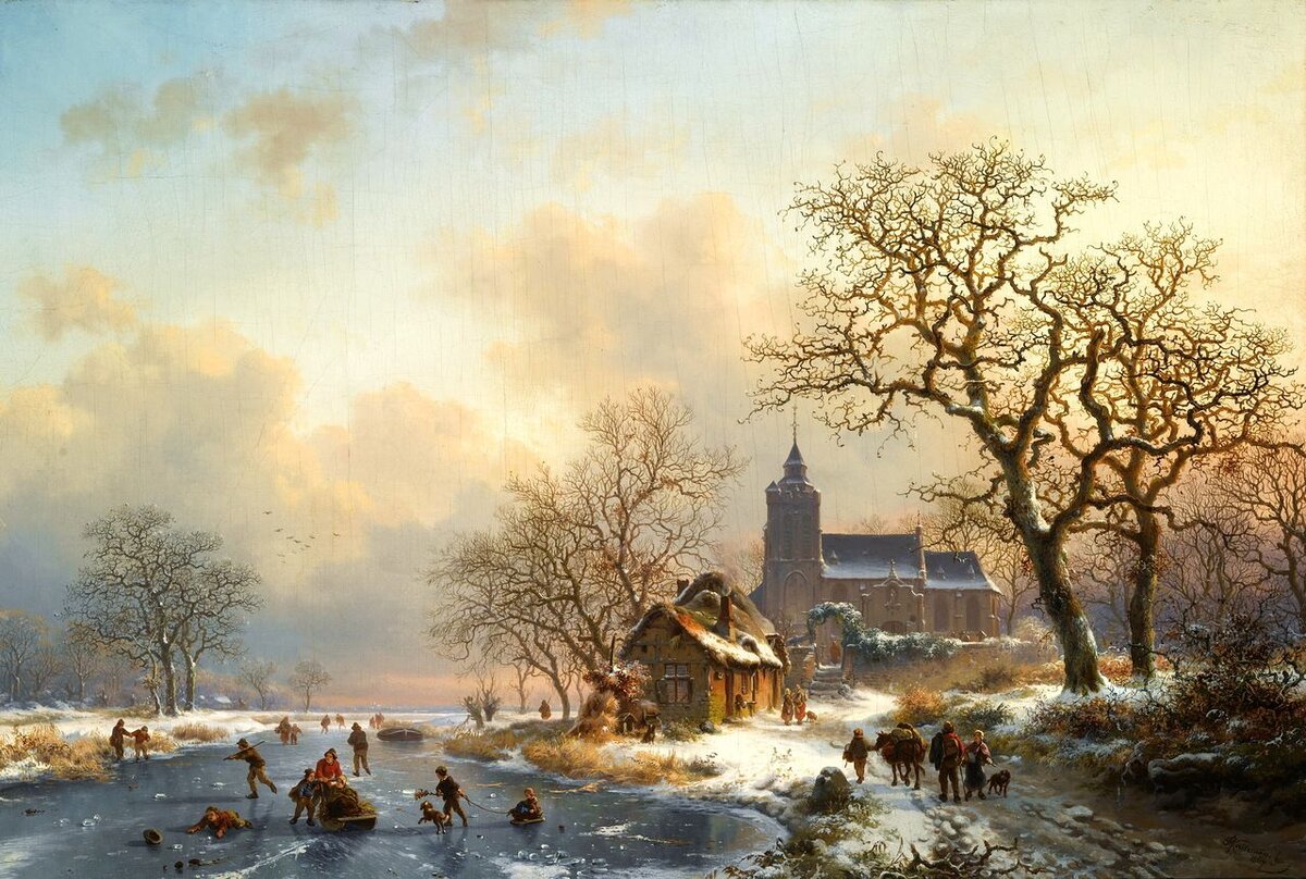 Зимний пейзаж с фигуристов на замерзшей реке, 1860 по Frederick Marianus Kruseman (1817-1882, Netherlands)