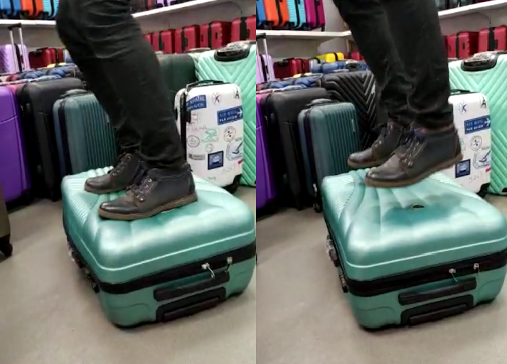 Чемодан выдерживает прыжки взрослого человека.