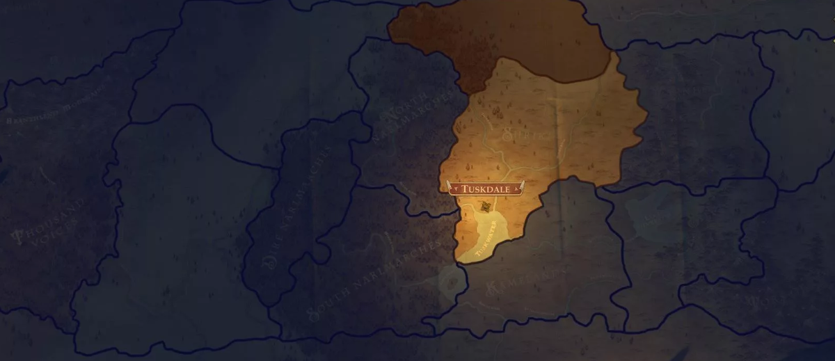 Карта игрового мира. Желтым выделена территория вашего баронства, коричневым территория, которую можно присоединить, фиолетовым регионы пока недоступные Вам