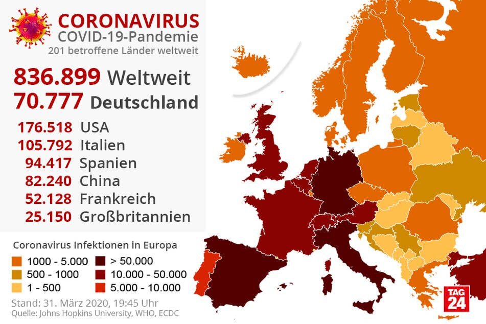 Распространение COVID-19 в мире. Данные Университета Джонса Хопкинса 31.03.2020.
