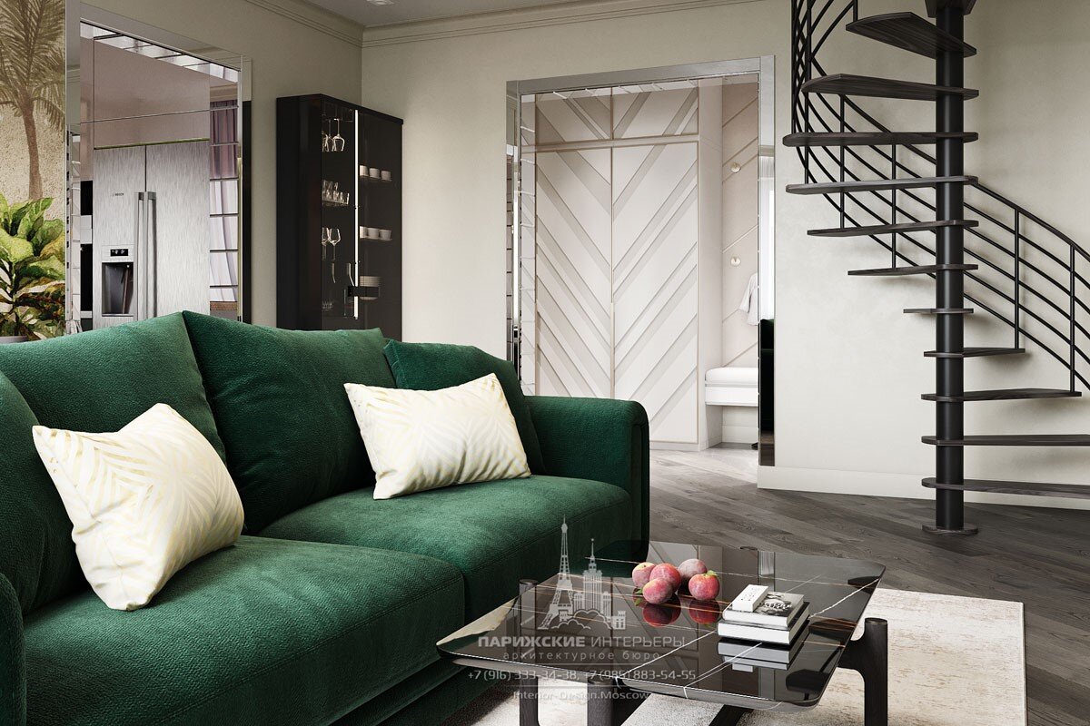 На фото: Черная винтовая лестница в дизайне современной гостиной