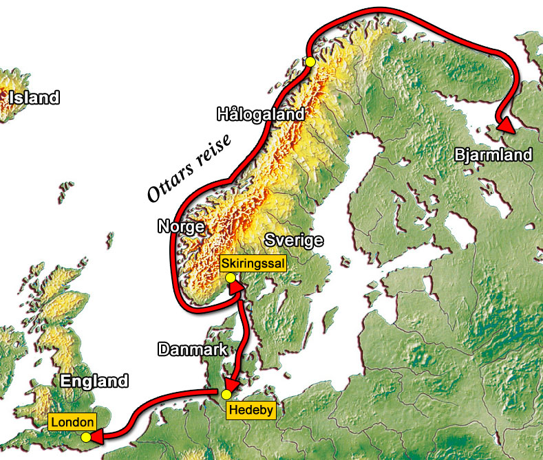 Со слов Оттара. Справа стрелка Родина наших предков. По его словам страна колдунов, где викинги получили серьёзный отпор. С ВикиСклада