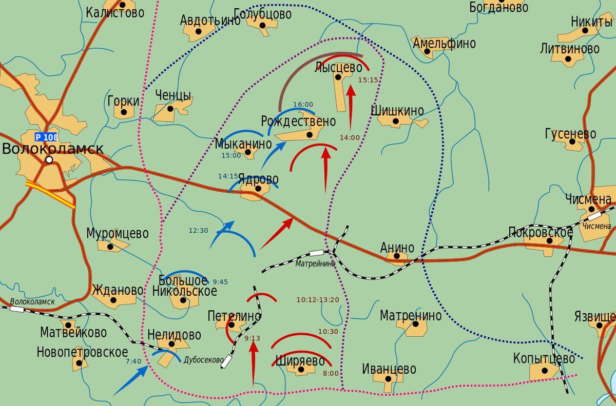 Прорыв немецких войск на Волоколамском направлении 16-21 ноября 1941 года. Красными стрелками отмечено продвижение 1-й боевой группы сквозь боевые порядки 1075-го стрелкового полка на участке Нелидово-Дубосеково-Ширяево, синими — второй. Пунктиром обозначены линии фронта по состоянию на вечер 15, 16 и 17 ноября (розовым, фиолетовым и синим соответственно)