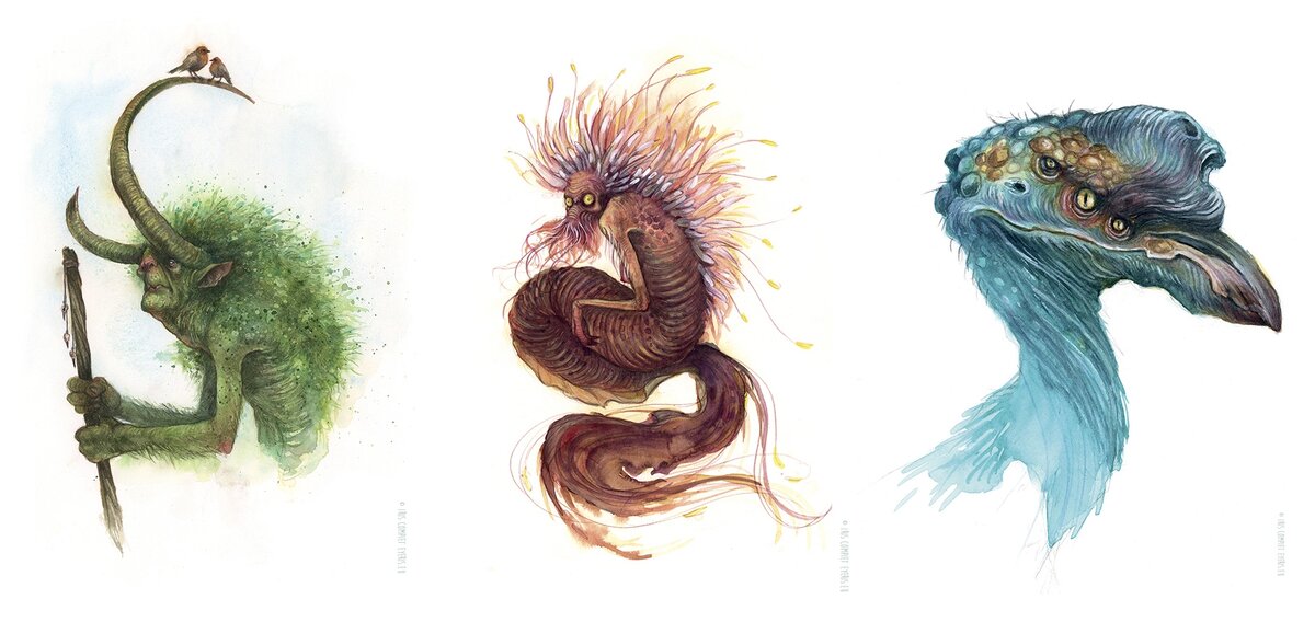 Существа из книги Faeries of the Faultlines, Айрис Компит, 2016, акварель на бумаге.