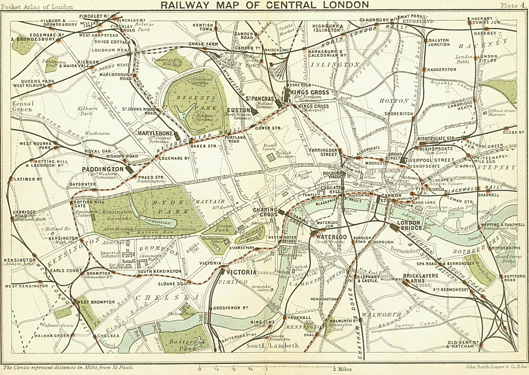 Карта железных дорог центрального Лондона. 1899. Источник: https://upload.wikimedia.org/wikipedia/commons/7/77/Railway_map_central_London_1899.gif