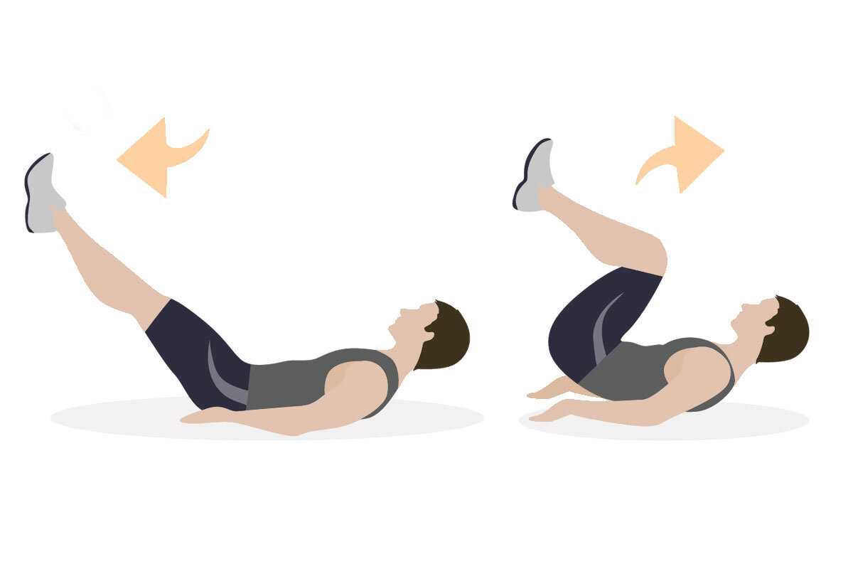 Обратные скручивания — Упражнение для нижнего пресса. Лежа на спине, напрягите мышцы живота и поднимите прямые ноги вверх; затем, на выдохе, подтяните согнутые в коленях ноги к груди.