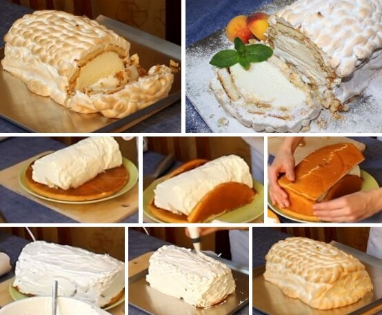 Продукты 
Бисквитные коржи (готовые) - 2 шт.
Мороженое - 500-600 г
Сахар - 1 стакан
Яйца - 5 шт.
Ванильный сахар - 8 г (1 пакетик)
Кофе свежесваренный - 1 чашка
Крахмал картофельный - 1 ч.л.

Бисквитные коржи пропитываем кофе. Вы можете взять любую другую пропитку на ваш вкус, например любимый сироп.

Берем первый корж и выкладываем на него мороженое.

Из краев коржа формируем бока торта. Т.е. наша задача обложить со всех сторон наше мороженое бисквитом, так сказать упаковать его.)

И отправляем наше мороженое в бисквите в морозилку.

Тем временем готовим крем-безе.
Белки отделяем от желтков и взбиваем, постепенно добавляя сахар, в крепкую пену.

Снова достаем наше мороженое в бисквите из холодильника, обмазываем его кремом безе.

Можем красиво отсадить его по всей поверхности торта из кондитерского мешка.

Сразу же отправляем наш торт в разогретую до 250 градусов духовку, примерно на 5 минут, чтобы крем приобрел красивую золотистую корочку.

Достаем из духовки и сразу же подаем к столу.
