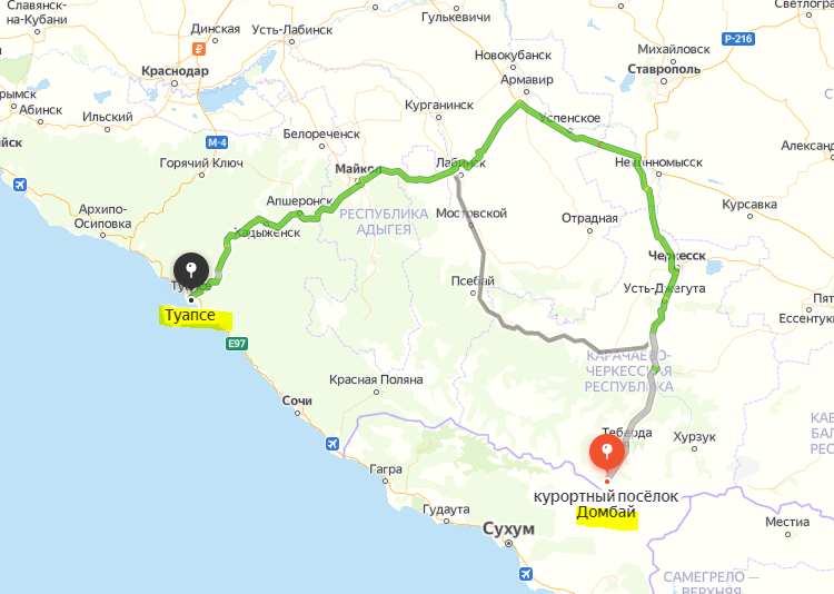 На карте: маршрут мотопутешественника из Обнинска Николаева эР из Домбая в Туапсе