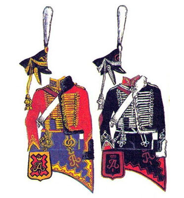 Мундиры Лейб-гвардии гусарского (слева) и Александрийского гусарского полков. Фрагмент рисунка П. Космолинского, Наука и жизнь, №9, 1988 г.