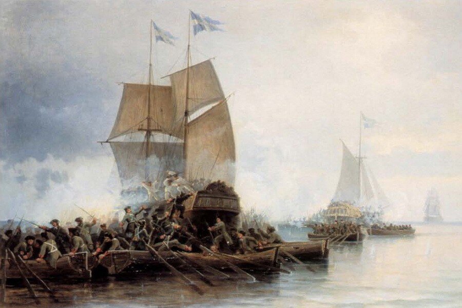 На самом деле на этой картине изображен знаменитый бой в устье Невы, в котором принимал участие Петр I. Но на Ладоге было что-то примерно похожее.