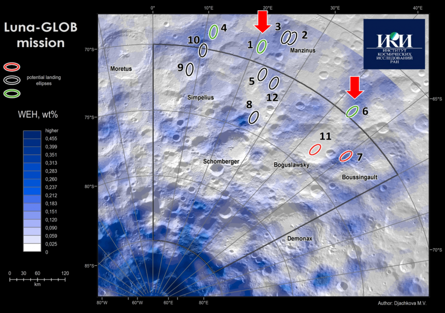Места посадки Луны-25 на карте нашего спутника