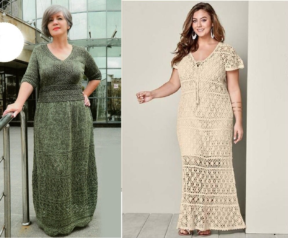 Мой коллаж. Слева платье, инструкция вязания: https://vse-vjazanie.ru/spicami/dlja-zhenshhin/platya/dlya-polnyx-3.html