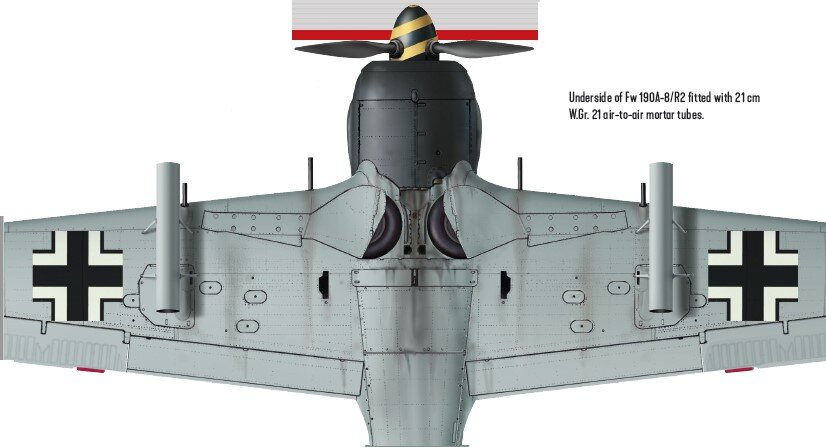 Вид снизу на  Fw 190A-8/R2 с двумя 21 cm W.Gr. 21 трубами миномета "воздух-воздух".