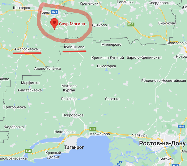 Саур-Могила и упомянутые в статье населенные пункты. Рисунок автора