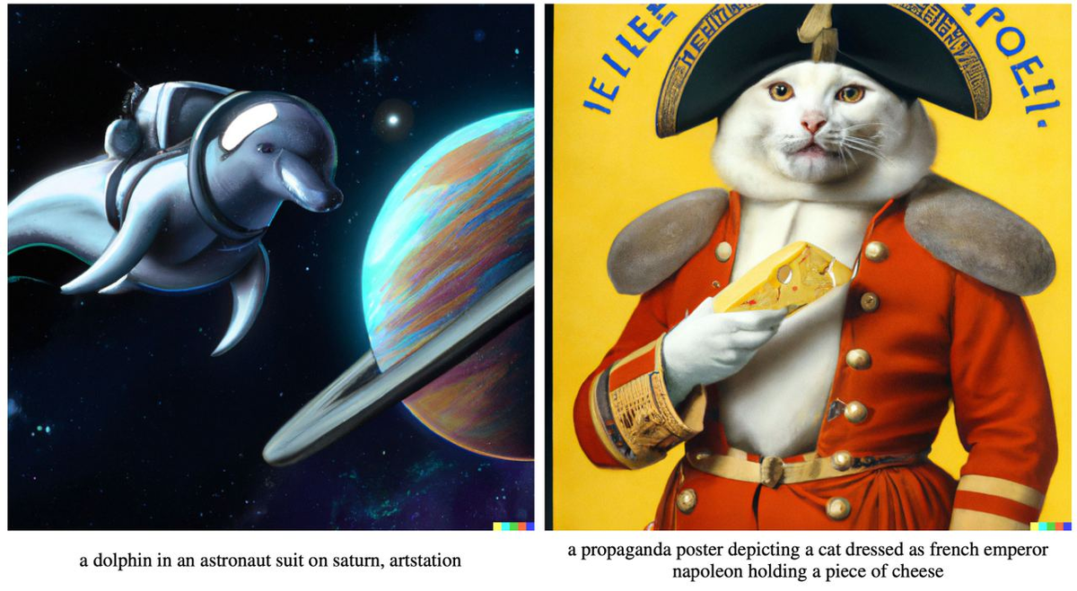Слева: "дельфин в скафандре на Сатурне, artstation"  (это такой сайт для художников)
Справа: "пропагандический постер, изображающий кота, одетого как французский император Наполеон, который держит кусок сыра"
