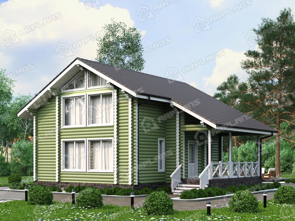 Фото 1 деревянного двухэтажного дома из бревна с мансардой, 3 спальнями, газовой котельной и террасой. Общая площадь 142 кв м. Источник arplans.ru Проект ДО-149