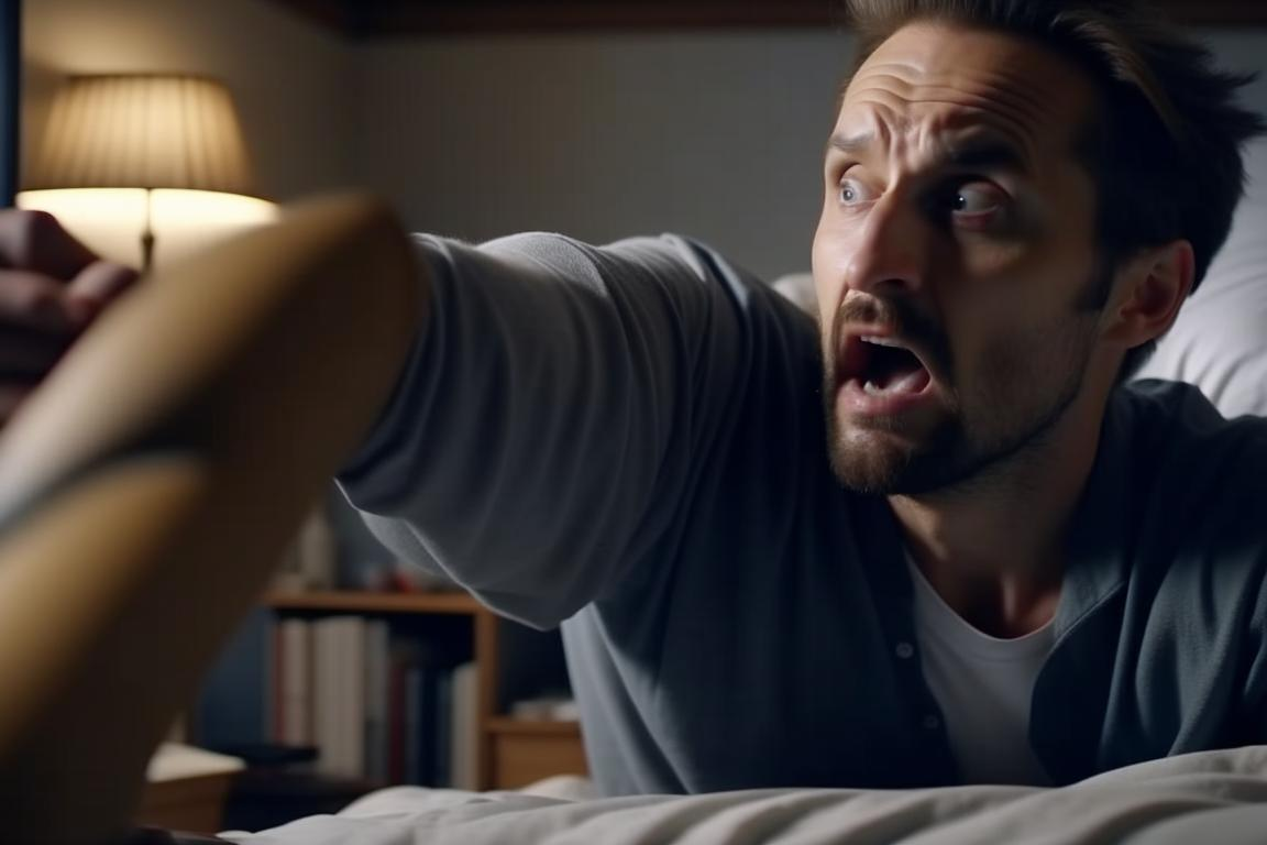 Результат генерации по запросу "Человек лупит себя по голове молотком, лёжа на кровати, чтобы лучше уснуть", стиль: 4k