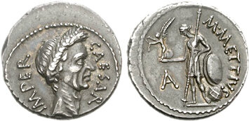 Серебрянный денарий с изображением Цезаря и богиней Венерой на реверсе, от которой, как он верил, произошел.