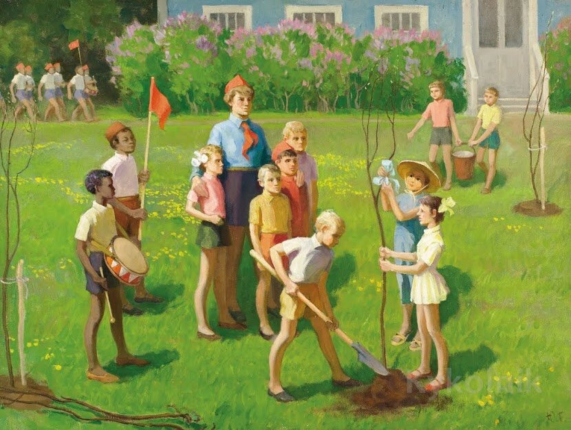 Юрий  Горбунов "Посадка деревьев в пионерском лагере".1970г 