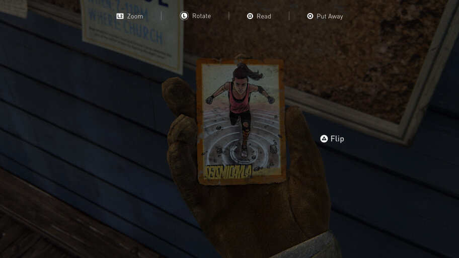 Когда воссоединитесь с Диной, поиграйте в снежки с городским детишками. Подберите снег нажатием на «треугольник» и бросьте при помощи R2. Победите вы или проиграете, значения не имеет. После этого отправляйтесь в конюшню, где получите свою лошадь. Джесси произнесет короткую речь, и все отправятся по своим патрульным маршрутам.Одна из коллекционных карточек.
Вид сверху
