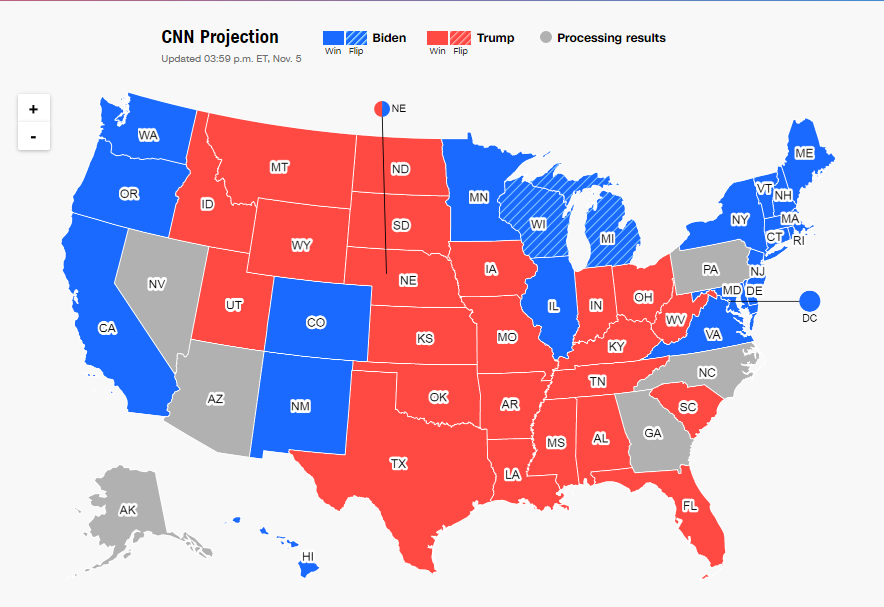 (источник: CNN; красные - штаты где победил Трамп, синие за Байдена, серые - считаются)