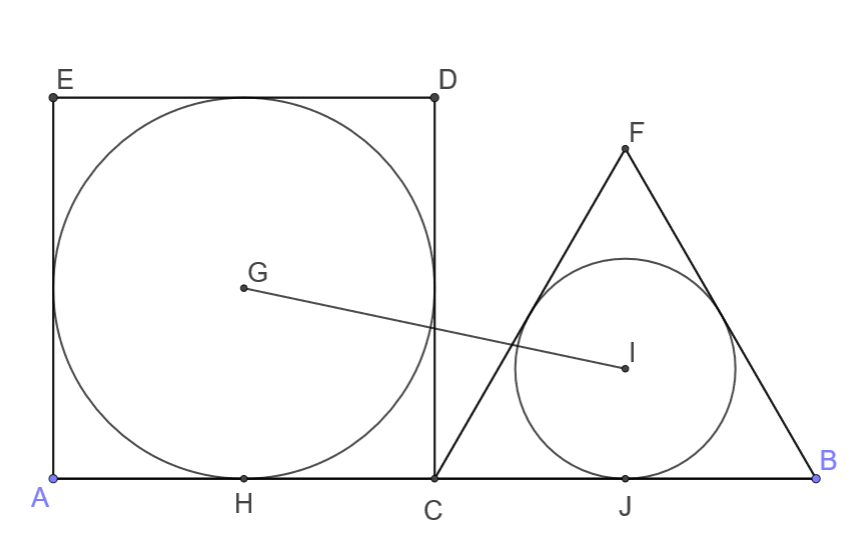 Квадрат и треугольник вписаны в окружность. Координаты центра вписанной окружности. В окружность вписан квадрат и правильный треугольник. Расстояние между центрами вписанных окружностей.