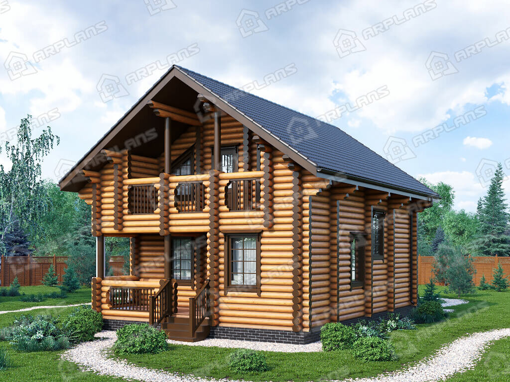 Фото 2 деревянного дома из бревна с мансардой, 2 спальнями, кабинетом, балконом, котельной и террасой, 100 кв м. Источник arplans.ru Проект ДО-163