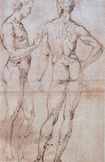 РАФАЭЛЬ САНТИ. ДВЕ МУЖСКИЕ ОБНАЖЕННЫЕ ФИГУРЫ: ОДНА В ПРОФИЛЬ, ДРУГАЯ СО СПИНЫ 
Бумага, перо, коричневая тушь, набросок свинцовым карандашом. 46,5x32