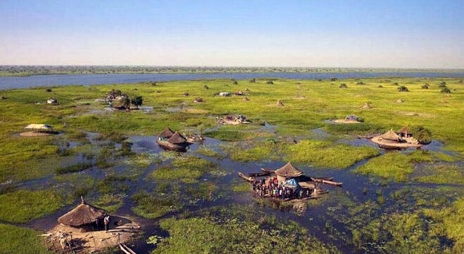Домики нилотов на небольших островках суши посреди болота.