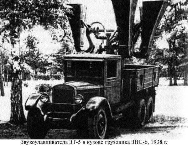 Звукоулавливатель ЗТ-5 в кузове грузовика ЗИС-6, 1938 г. Источник изображения: https://topwar.ru/81300-otechestvennye-sredstva-vozdushnoy-razvedki-v-gody-voyny.html