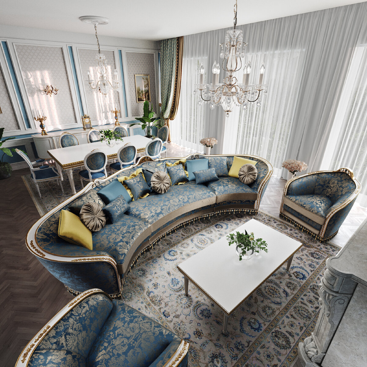 На фото - пример разделения столовой и гостиной зон с помощью дизайнерской мебели от Lifestyle Unico