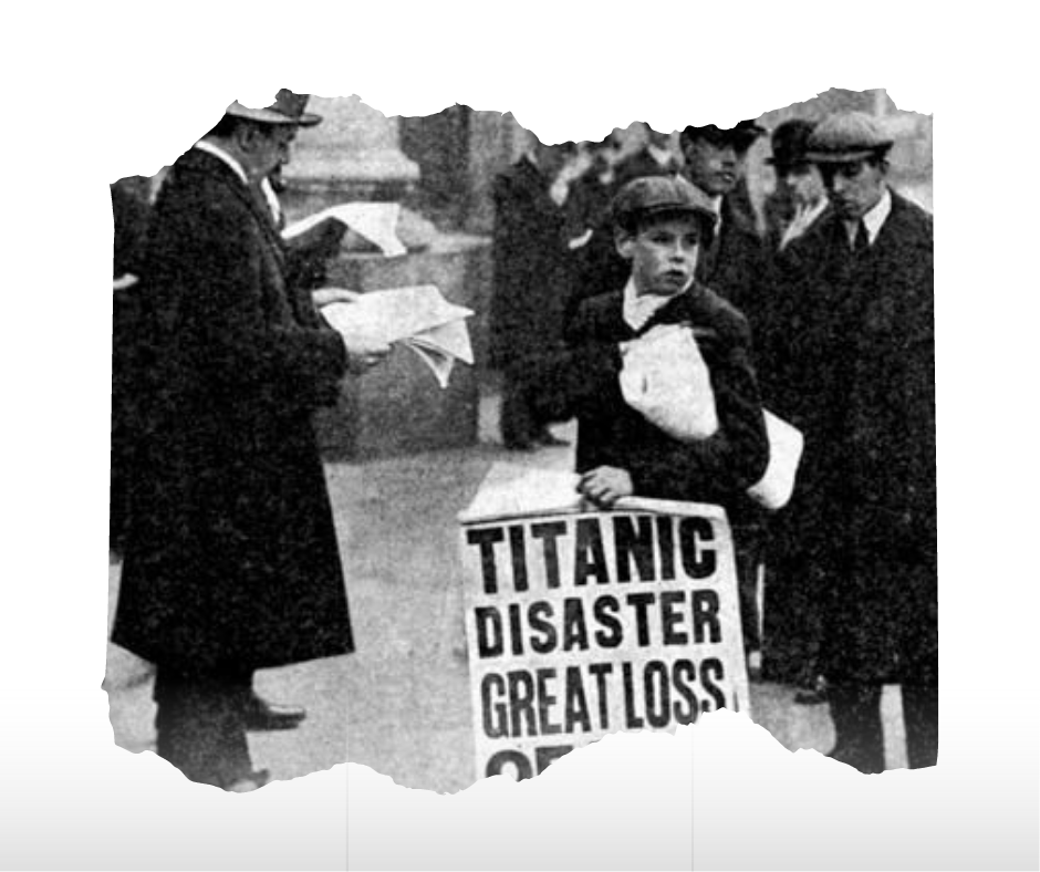 Образ Нэда Парфетта с газетой, ставший одним из символов трагедии Титаника. Источник: https://www.pinterest.ru/pin/383861568218004874/ 