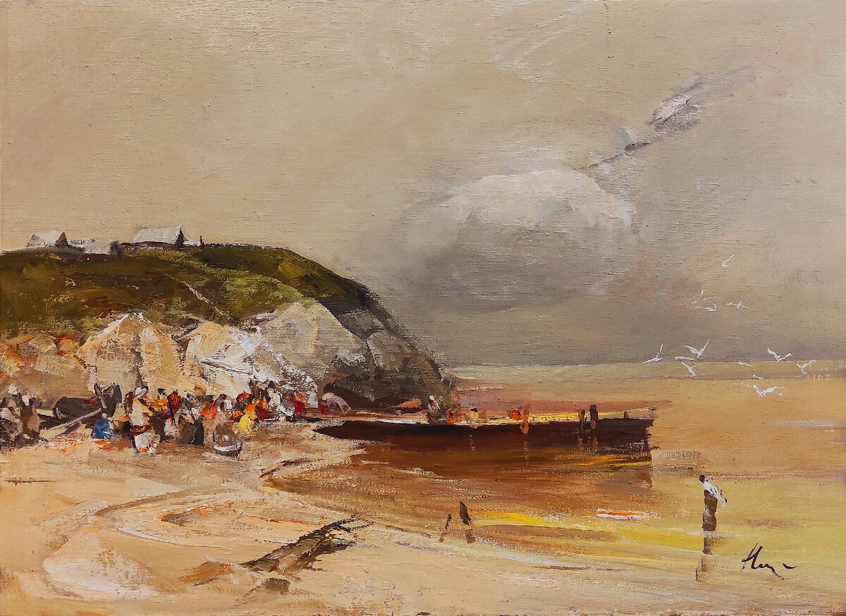 «У парома на Оби» Анатолий Никольский. Холст, масло, размер 75х95 см., 2002 г.