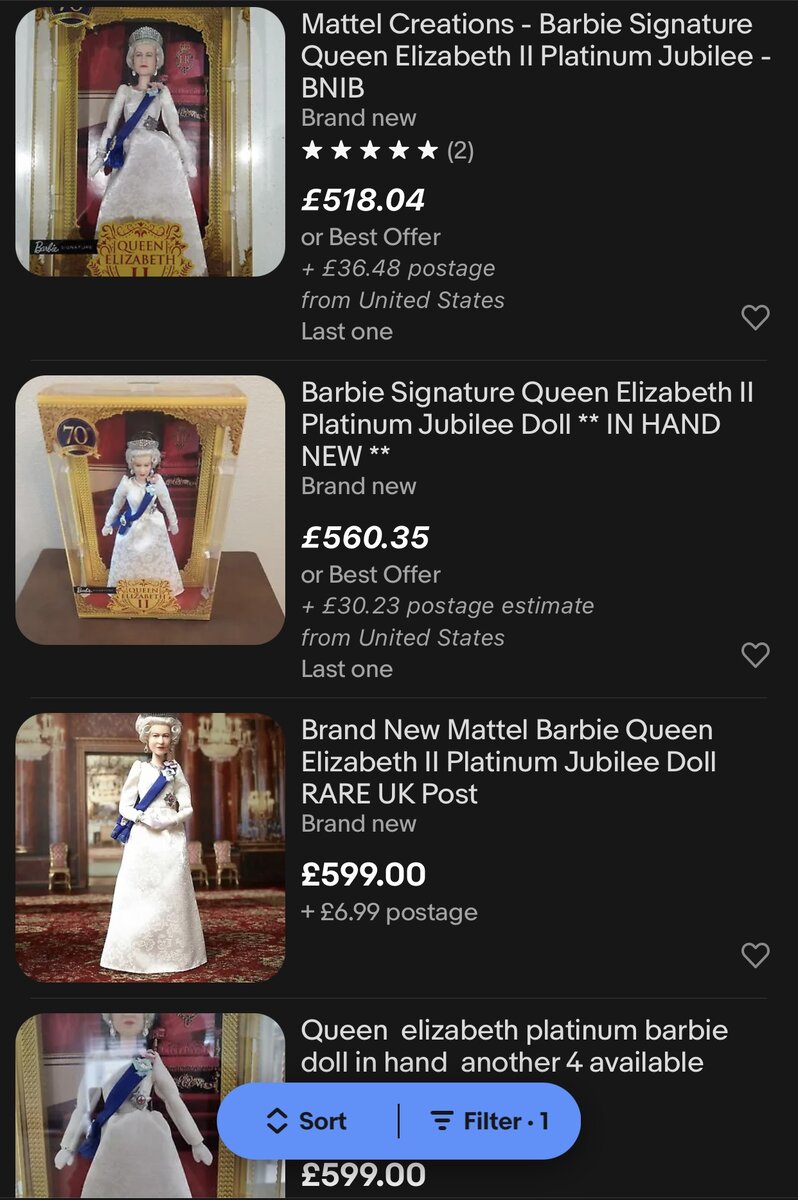 Кукла Барби «Королева Елизавета II». Скриншот из EBAY. 