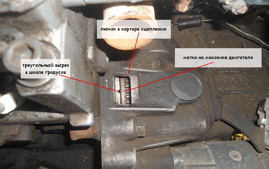 Установочную метку на маховике двигателя можно увидеть в лючке на картере сцепления при определенном положении коленчатого вала