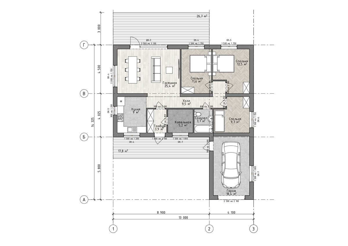 План дома одноэтажного с 3 спальнями гостиной и кухней с раздельным санузлом 100 квадратов