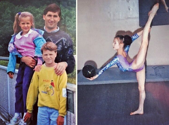 С отцом, Александром Кожевниковым, и братом Андреем. / На тренировке по художественной гимнастике.
