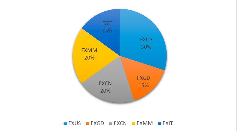 FXUS - аналог SP500, FXCN - акции Китая, FXGD - золото, FXIT - технологическая перчинка в портфеле, поэтому пока только 15%, FXMM - краткосрочные облигации США