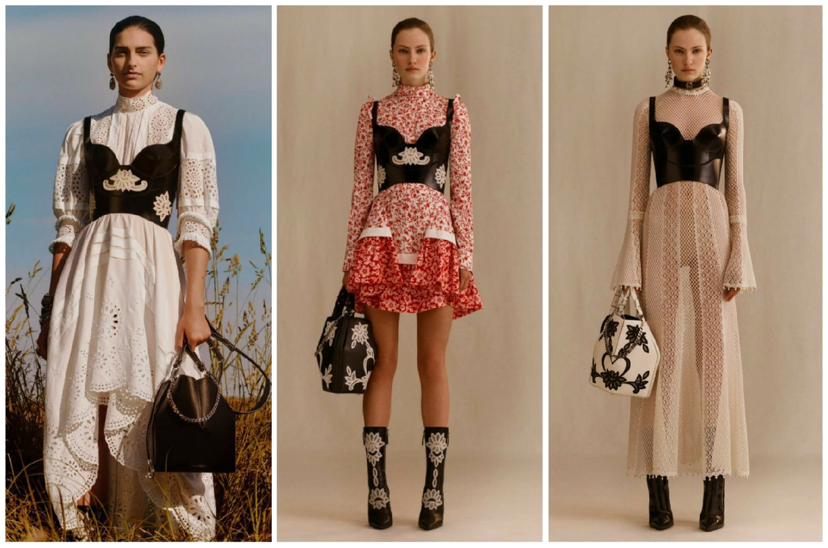 Также мода допускает подмену понятий. И кожаные бюстье вместо бра поверх одежды. Мне нравится вариант, предложенный брендом МакКуин еще в 2019-ом