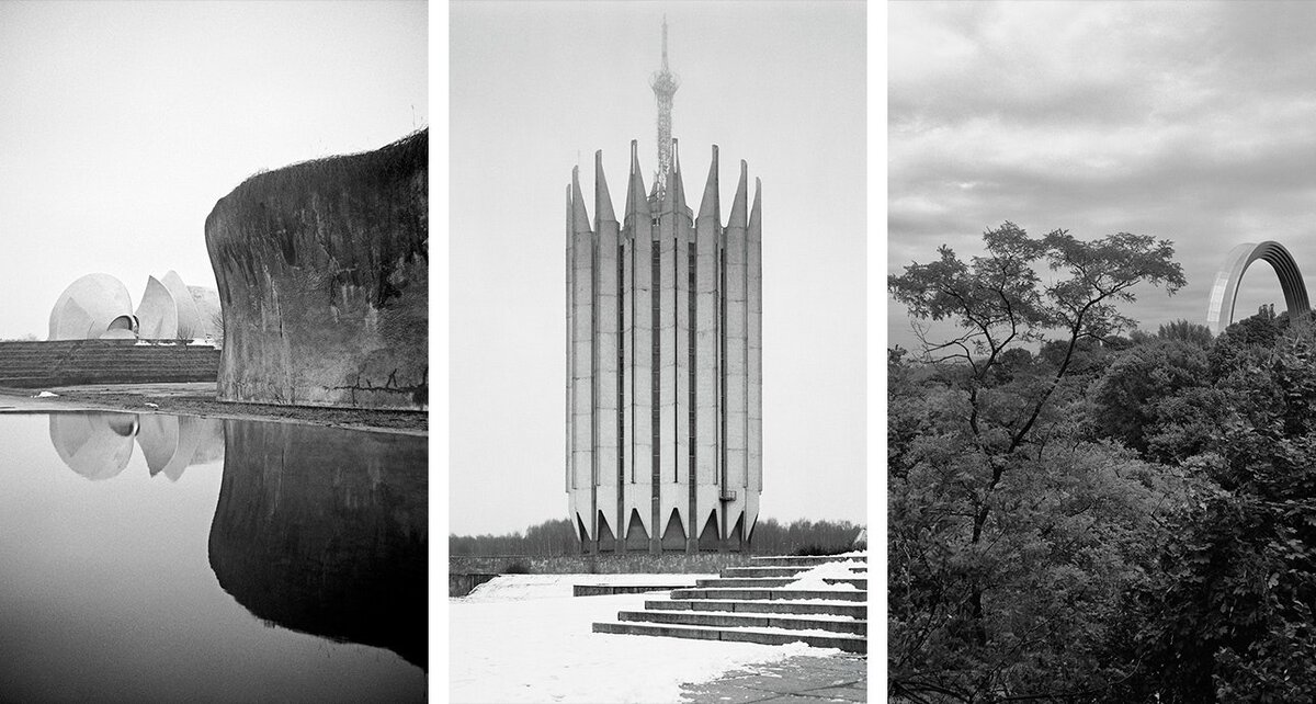 Слева направо: крематорий и Парк памяти в Киеве; Институт робототехники и технической кибернетики в Санкт-Петербурге; Арка дружбы народов в Киеве.