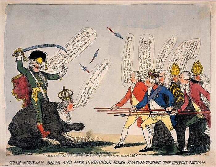 Английская карикатура 1791 гола: Екатерина II и Потемкин против короля Георга III