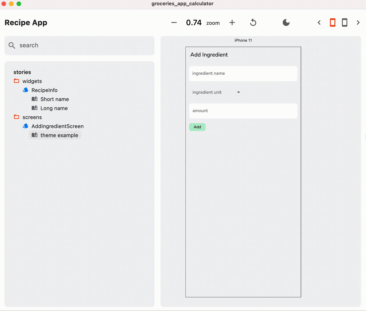 В этом примере AddIngredientScreen работает должным образом только для светлого дизайна. Недостатки темного дизайна можно быстро заметить с помощью Widgetbook.