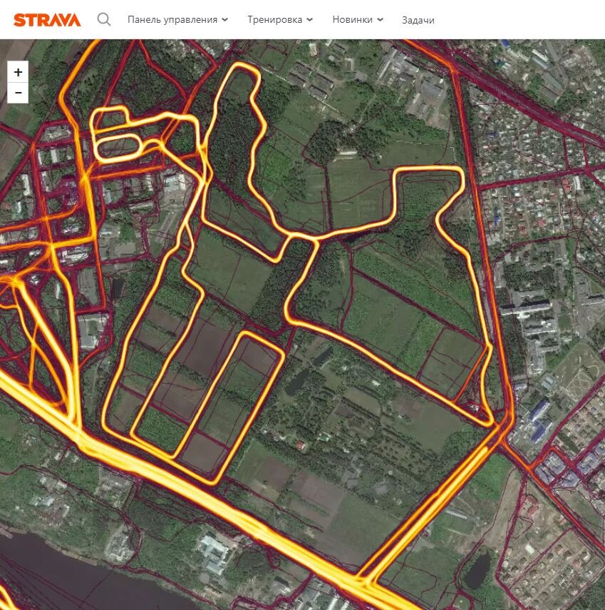 Скрин тепловой карты STRAVA территории Аграрного университета и спорткомплекса "На Березовой"