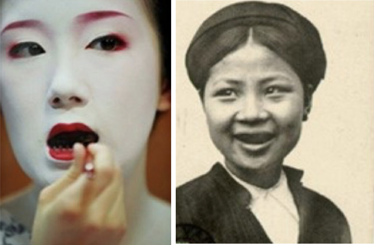 Чернение зубов девушки делали как до нанесения косметики, так и после. Важно, чтобы белых участков не было совсем))