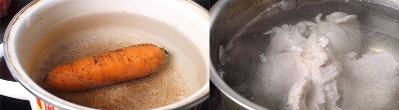 Отвариваем куриное филе и морковку до готовности.