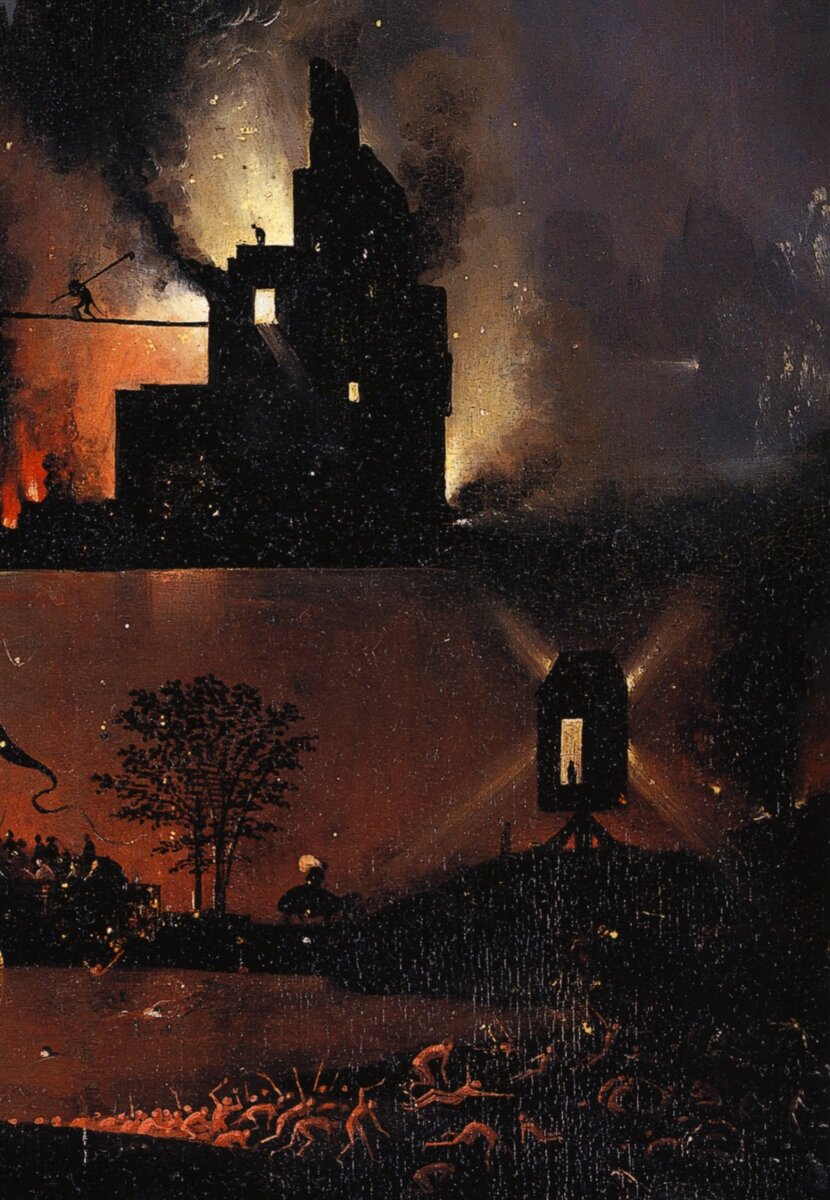Hieronymus Bosch Le Jardin des Délices, l’Enfer, Détail Incendies en arrière plan