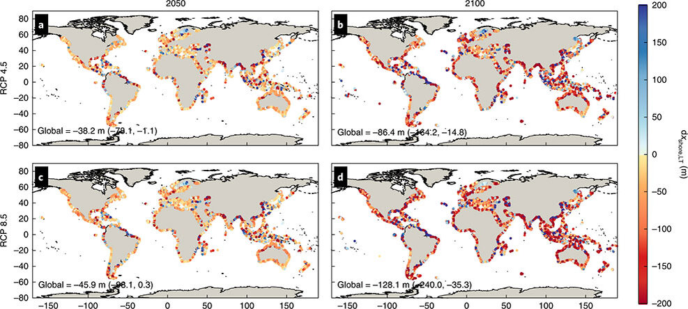 Прогнозируемые долгосрочные изменения береговой линии при сценариях низких (РКП 4.5) и высоких (РКП 8.5) выбросов в 2050 и 2100 годах.