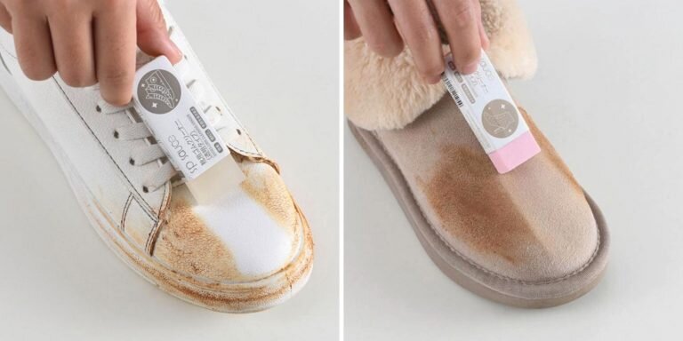 Легко и быстро удаляет грязь и пыль с обуви и возвращает свежий вид залоснившимся участкам. У продавца два вида товара: розовый ластик подходит для замшевой обуви, белый — для кожаной. 
Цена: от 114 рублей.