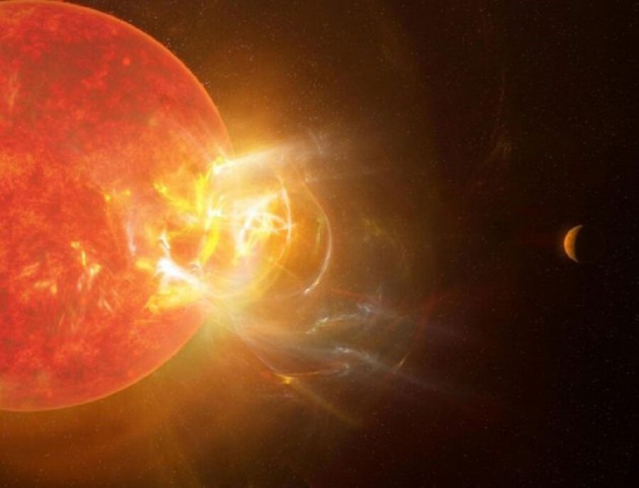 Художественное изображение гигантской звездной радиационной вспышки красного карлика Проксима Центавра, направленной в сторону одной из находящихся в ее системе планет. © NRAO/S. Dagnello 