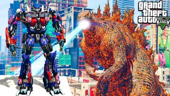 ГОДЗИЛЛА ПРОТИВ ОПТИМУСА ПРАЙМА ТРАНСФОРМЕРА ГТА 5 МОДЫ OPTIMUS PRIME VS GODZILLA ОБЗОР МОДА В GTA 5